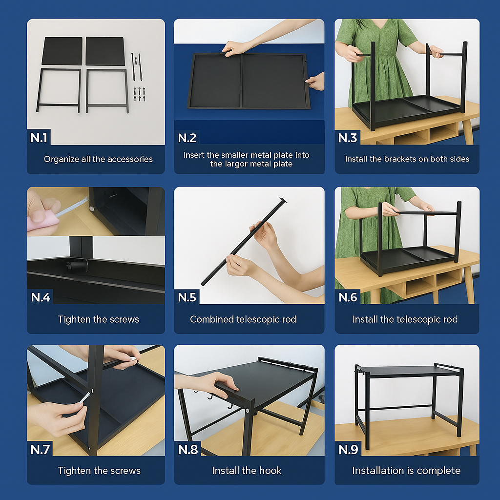 Step-by-step assembly instructions for the adjustable microwave shelf